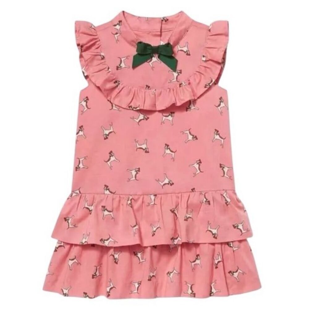 Janie and Jack Dusty Rose Dog Print Ruffles & Bow Lined Cotton Dress Girls Sz 6